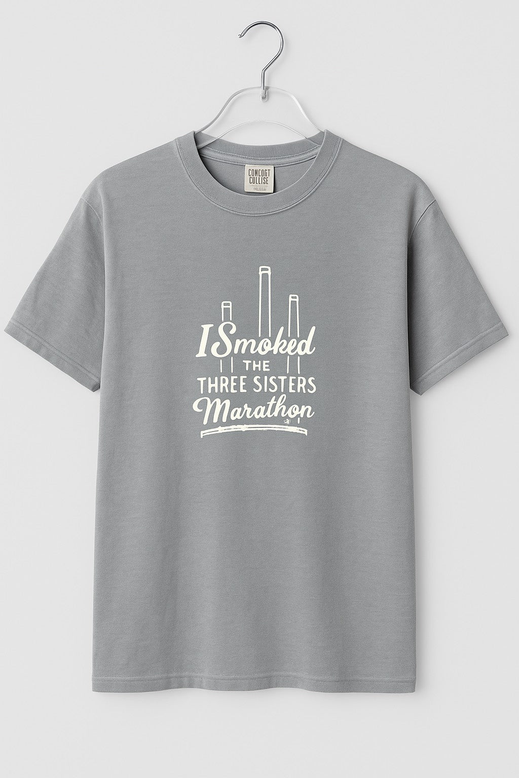 Moss Mountain Outfitters "I Smoked the Three Sisters Marathon" tee — white, for everyday.