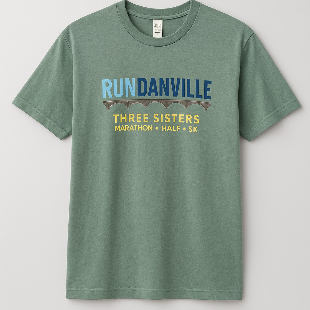 Moss Mountain Outfitters Three Sister Marathon "Run Danville" Official shirt — white, for everyday wear.