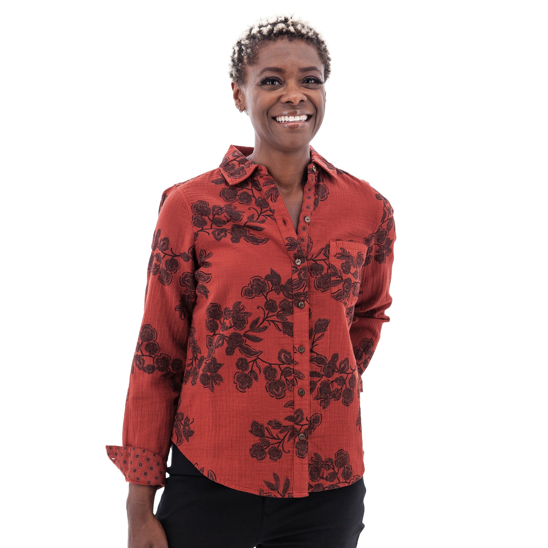 Moss Mountain Outfitters Aventura Gramercy Floral Button Up Shirt — Floral print, for everyday travel.