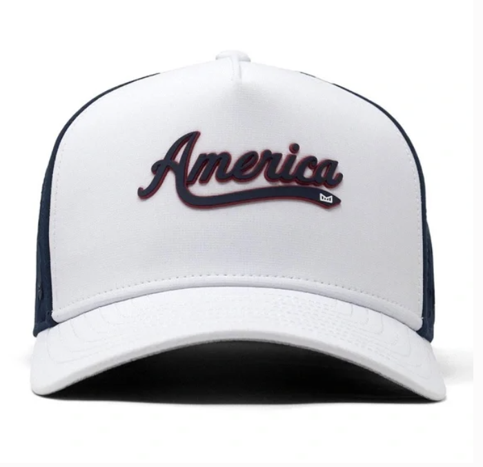 MELIN ODYSSEY STACKED HYDRO AMERICA — red, white, and blue hat, for hiking, water, and everyday wear.