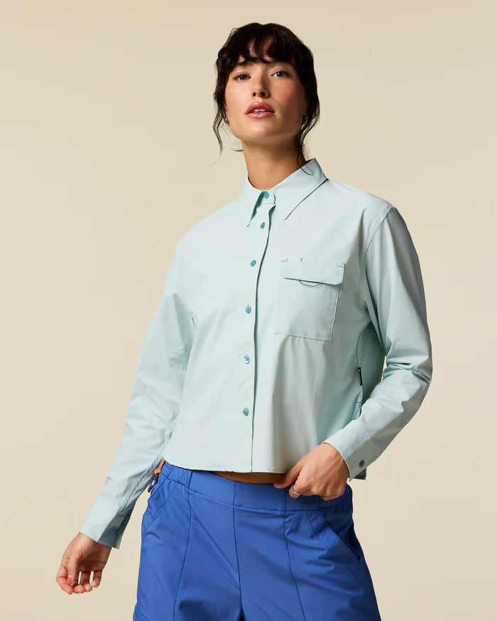 Cotopaxi Women's Solta Long-Sleeve Sun Shirt — light blue, for hiking, travel, and everyday wear