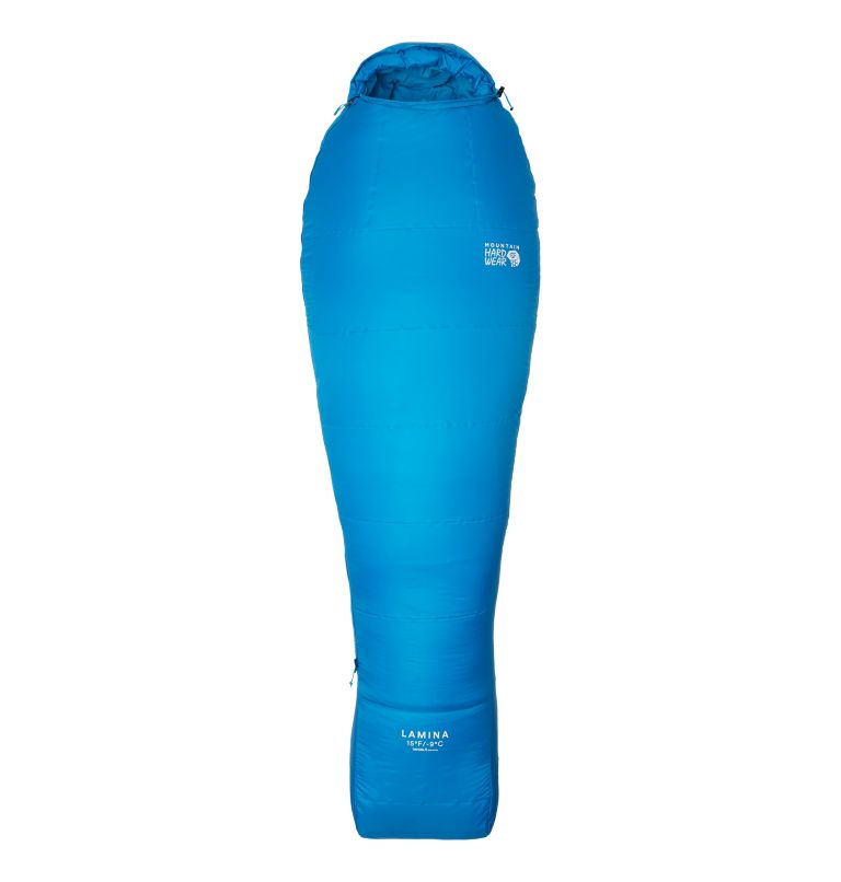 Mountain Hardwear Lamina 15F/-9C — blue sleeping bag, for hiking and camping.